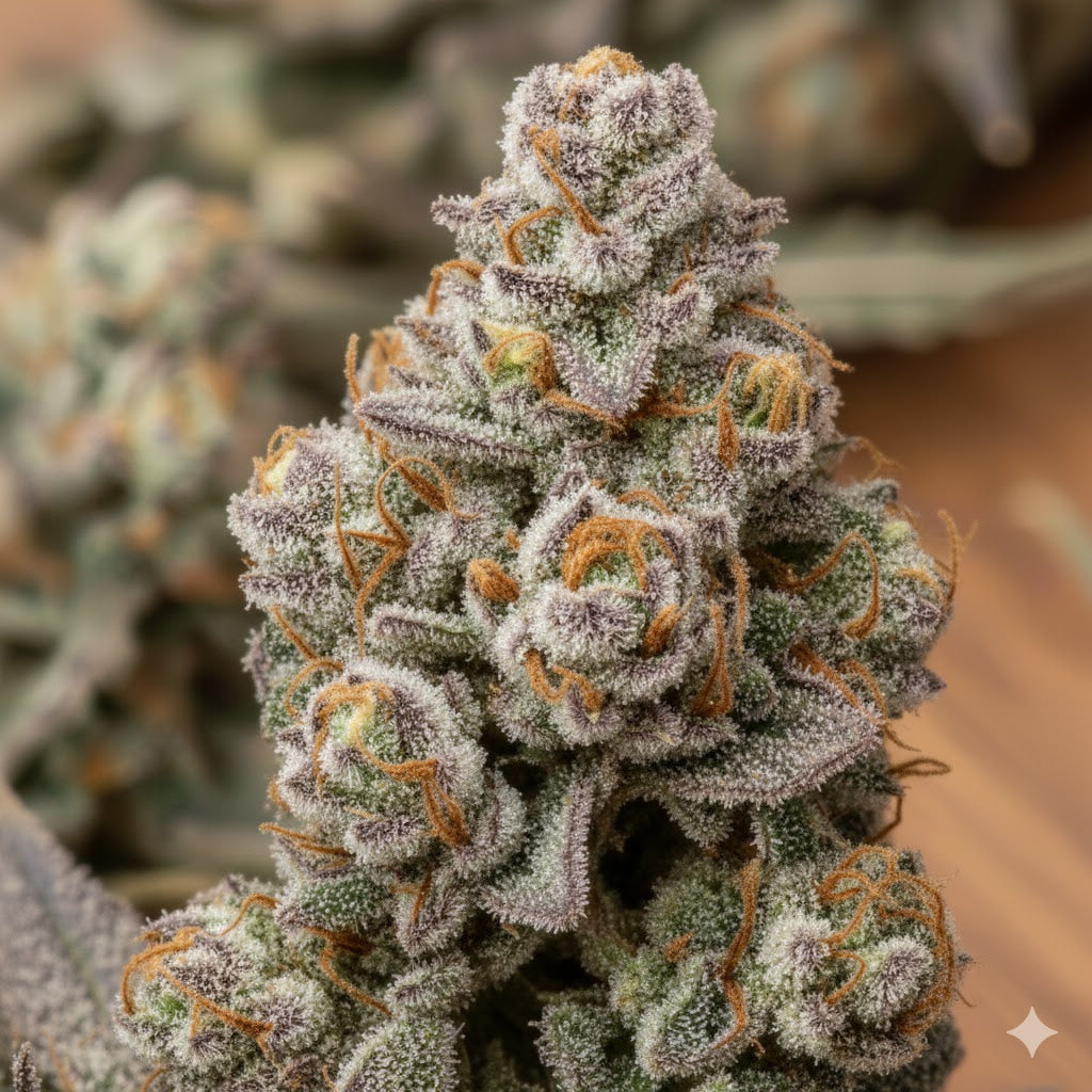 Close-up of a cannabis plant with frosty buds against a blurred natural background